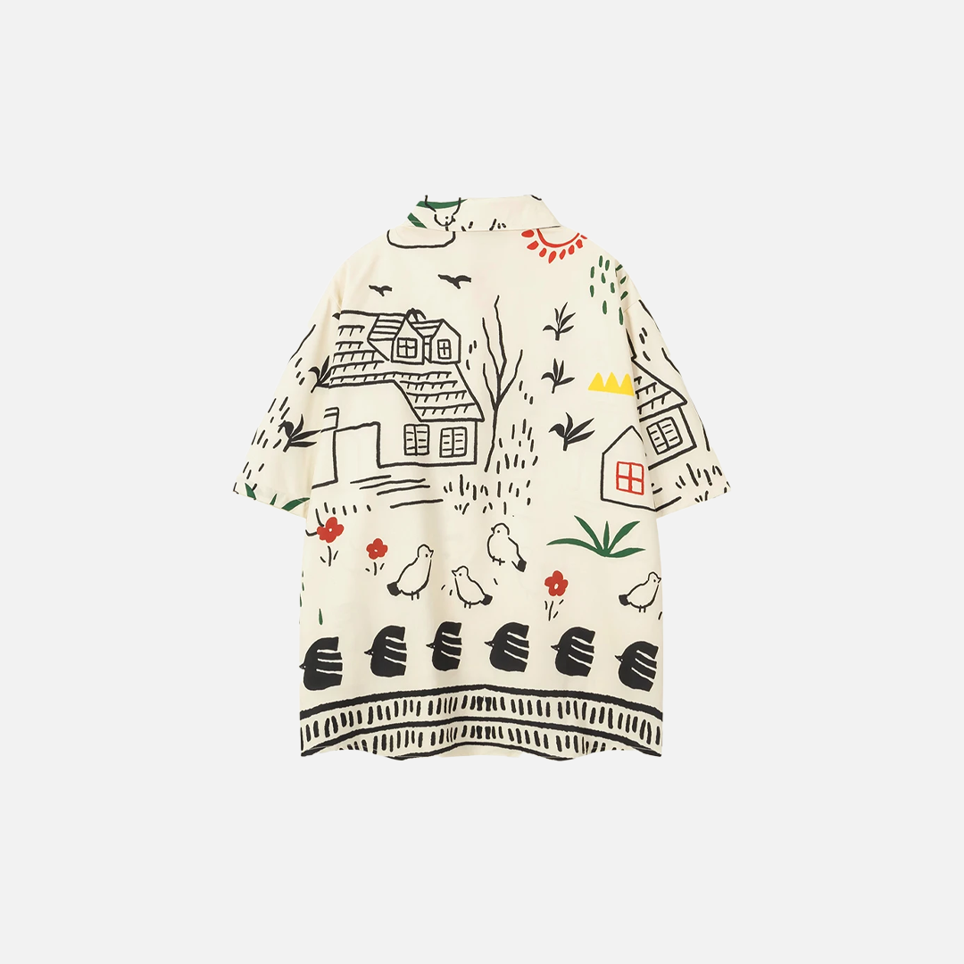 Y2K Graffiti Print Retro Broadcloth Kurzarmhemd