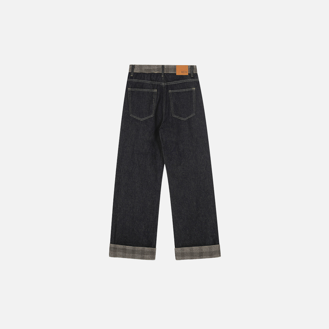 Streetwear Patchwork Plaid Denim Straight Leg Jeans