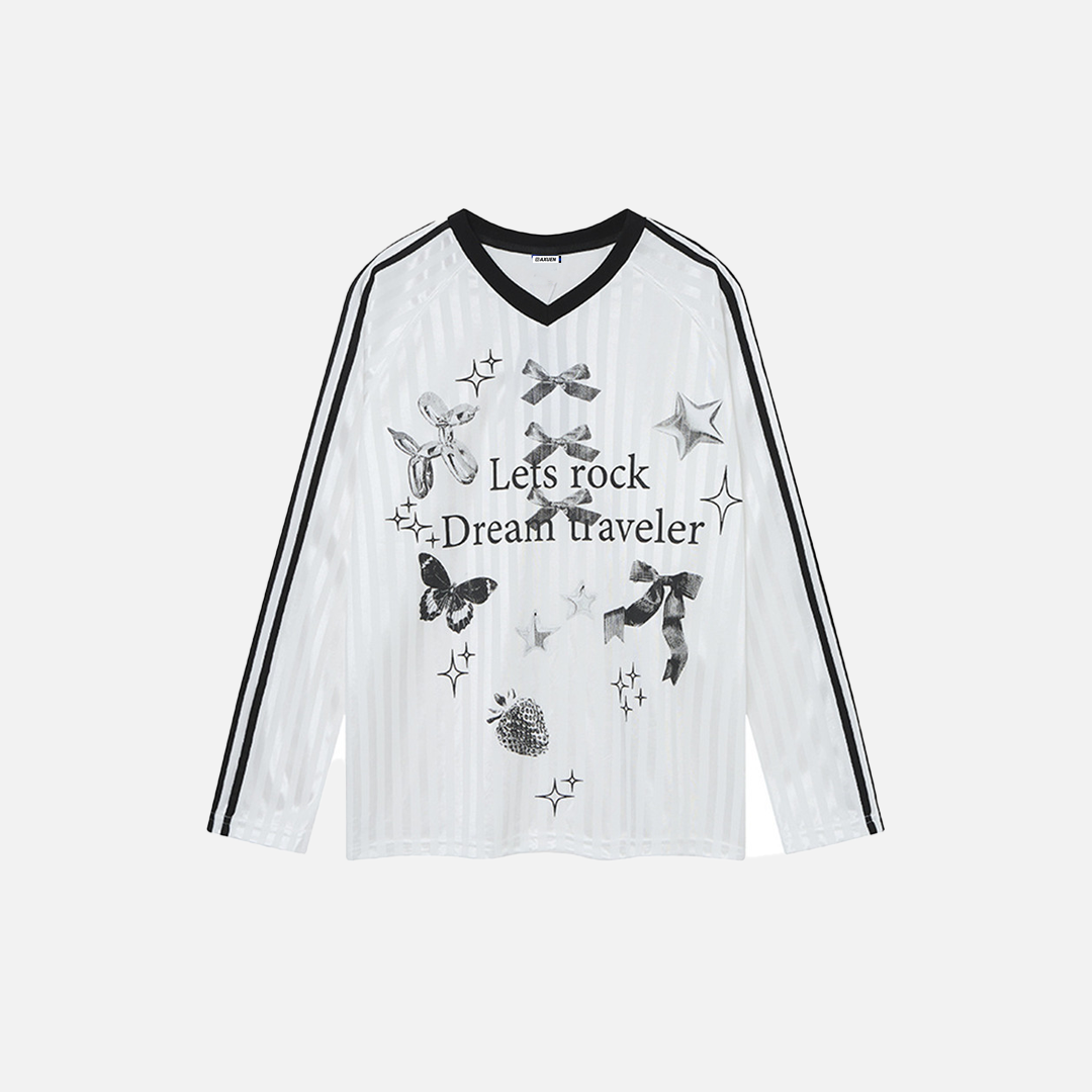 Y2K Butterfly Print V-Neck Long Sleeve T-Shirt