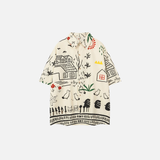 Y2K Graffiti Print Retro Broadcloth Kurzarmhemd