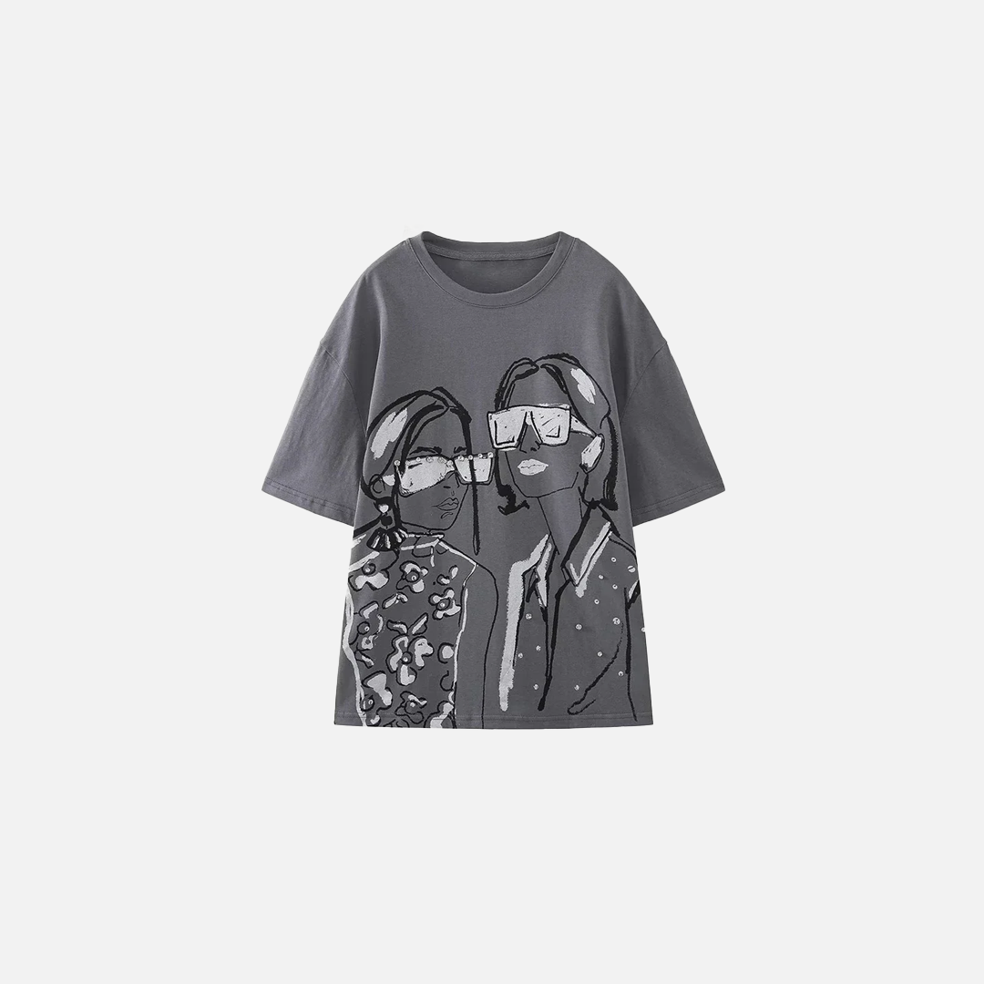 グレー ビーズプリント オーバーサイズ コットンTシャツ