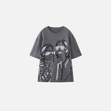グレー ビーズプリント オーバーサイズ コットンTシャツ