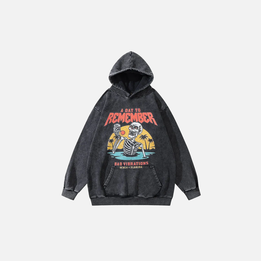 Breathable Oversized Gothic Skull Washed Print Hoodie