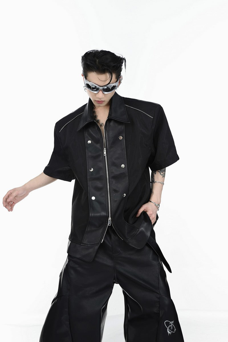 Short-Sleeve Leather Riveted Shirt