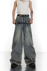 Retro Washed Double Belt Denim 