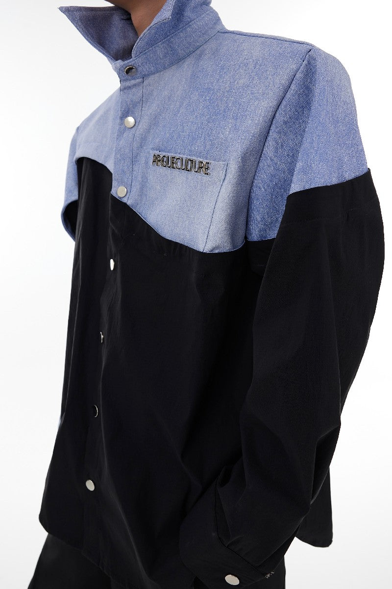 Irregular Stitched Denim PU Leather Shirt