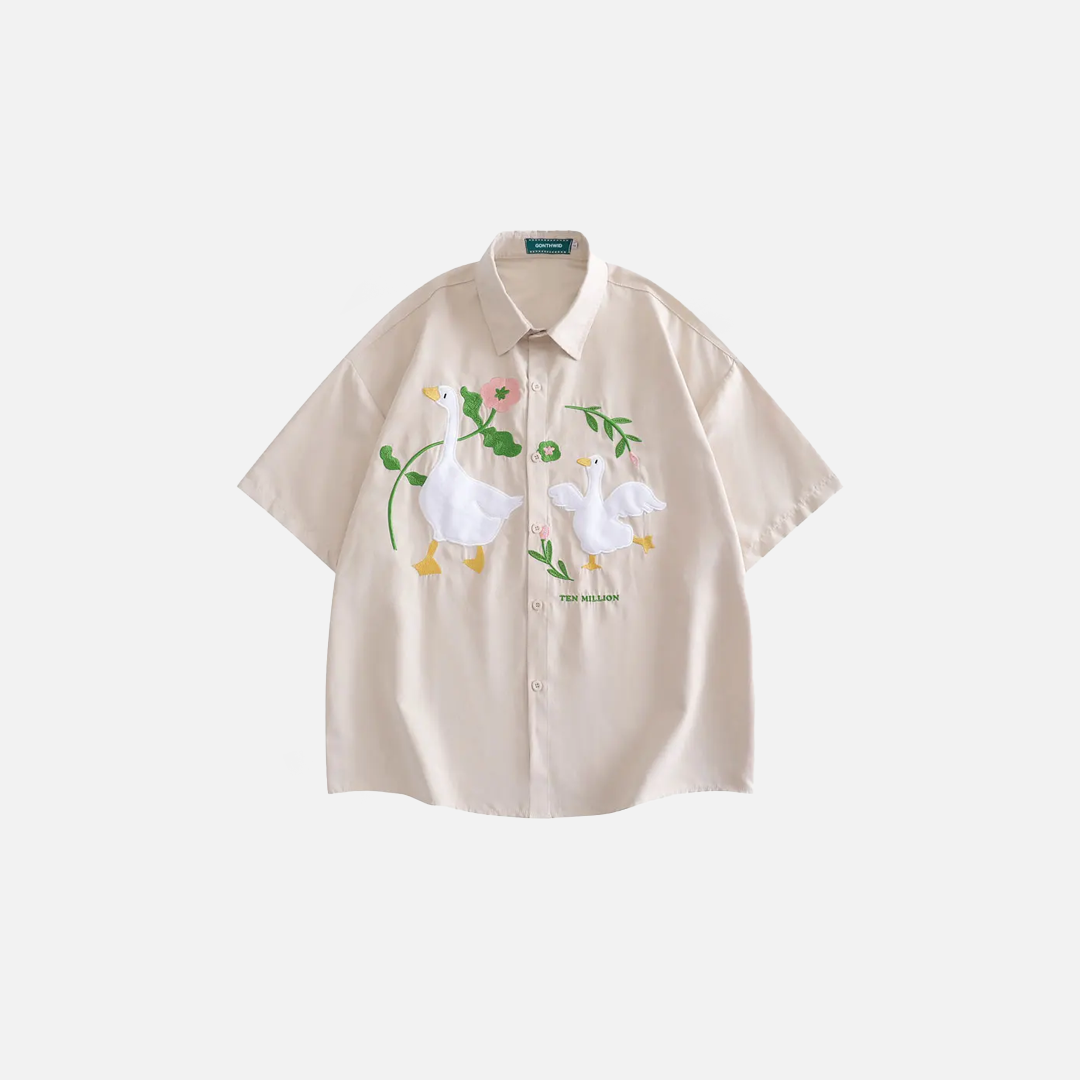 Funny Embroidered Flower White Duck Shirt