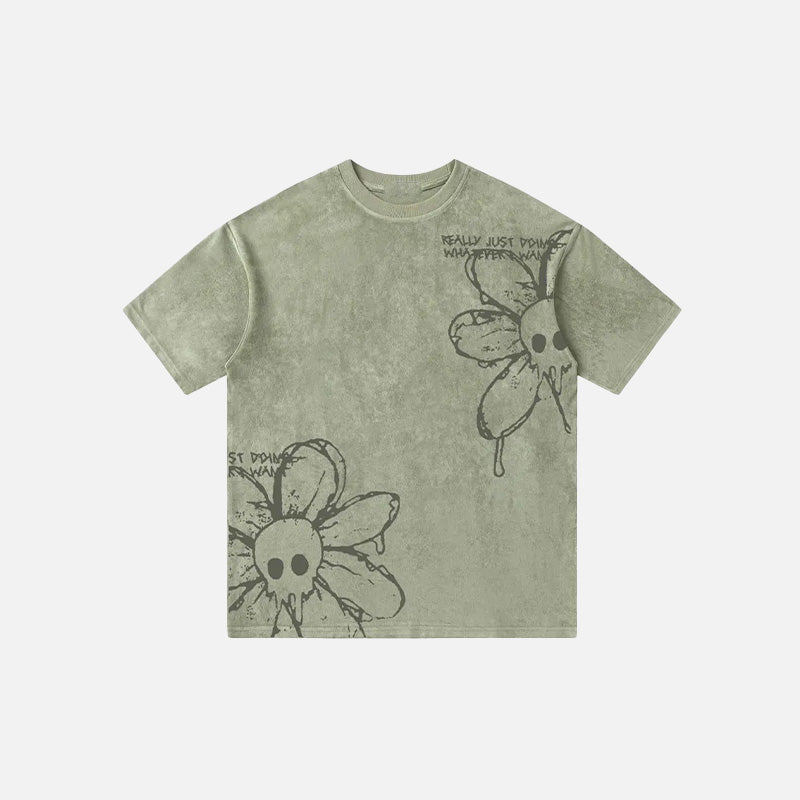 Washed Flower Floral Skull Graphic T-Shirt