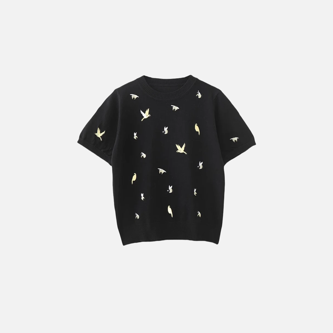 Bird Embroidery Round Neck Casual T-Shirt