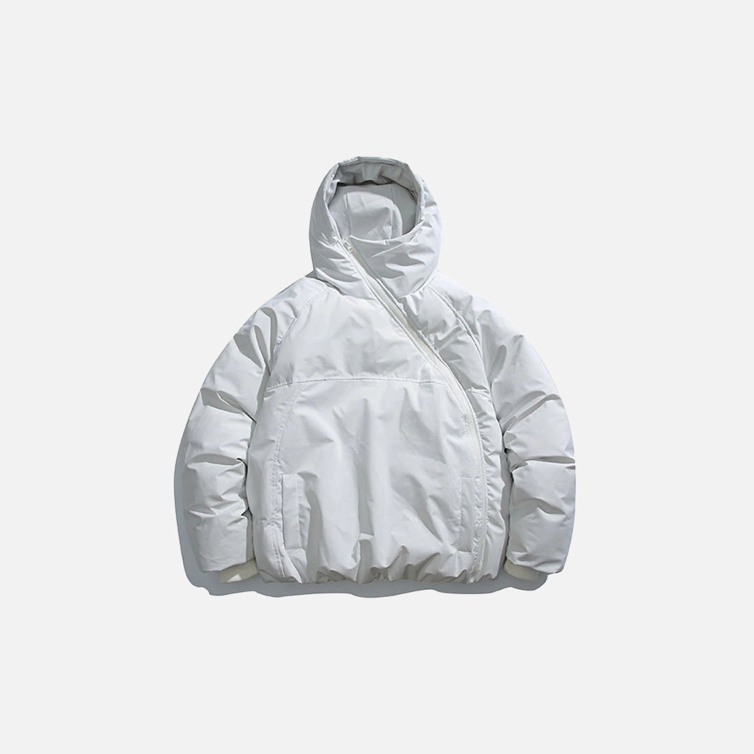 Cross-Zip Quilted Puffer Hooded Jacket