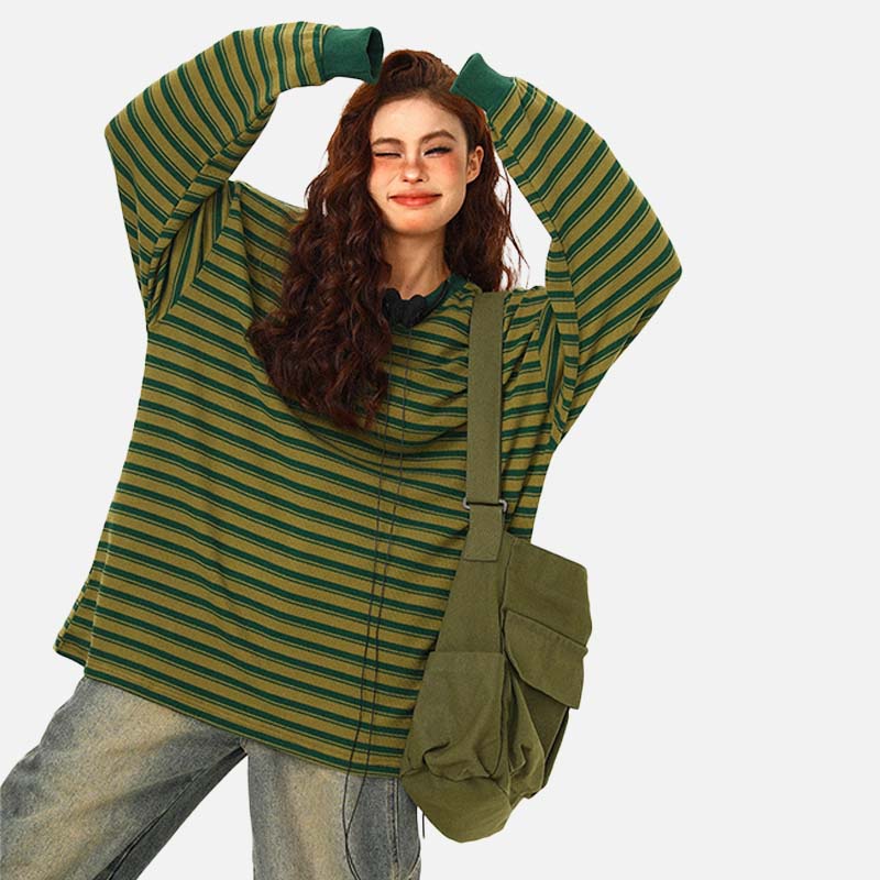 Green Stripe Loose Casual Sweatshirt