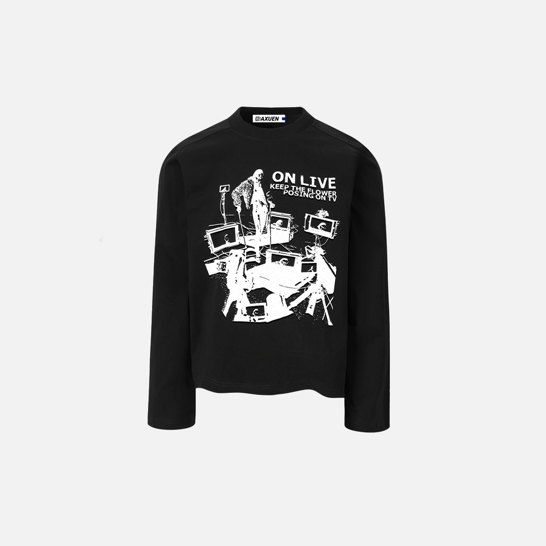 T-shirt à manches longues imprimé de personnages vintage sombres et audacieux