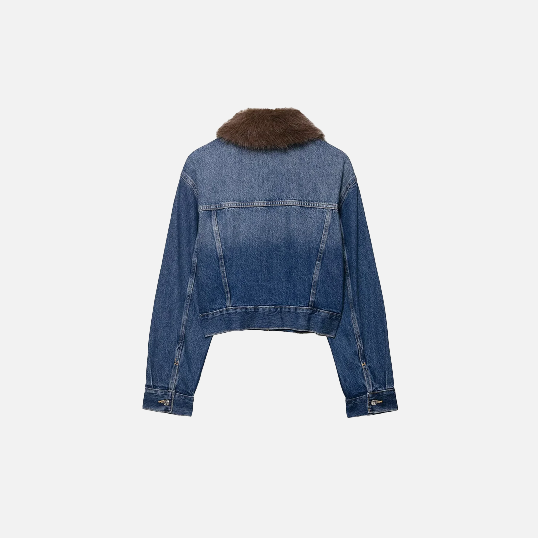 Elevated Retro Faux Fur Collar Denim Jacket
