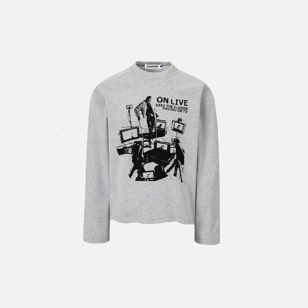 T-shirt à manches longues imprimé de personnages vintage sombres et audacieux