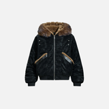 Fashionable Spliced Fur Hooded PU Leather Jacket