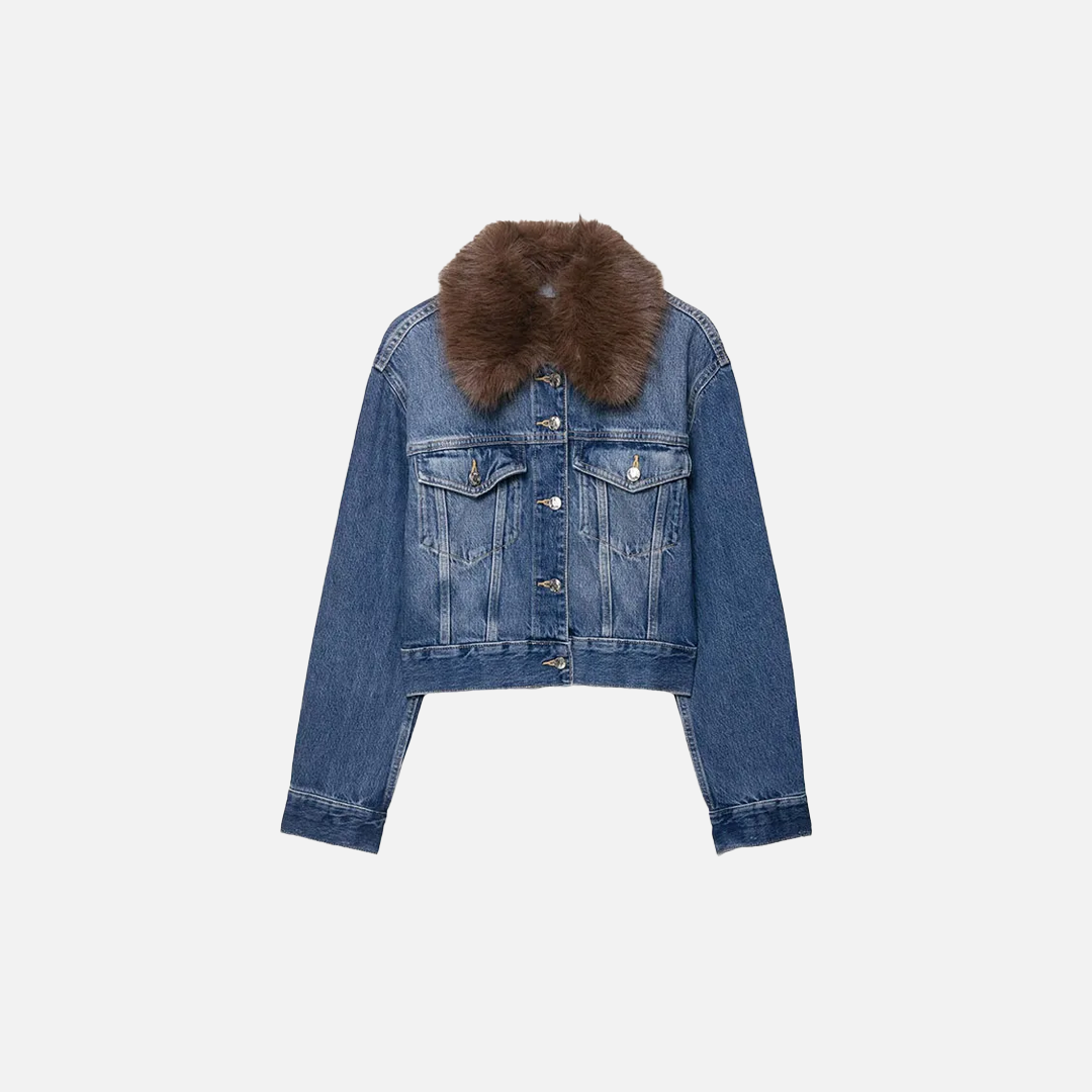 Elevated Retro Faux Fur Collar Denim Jacket