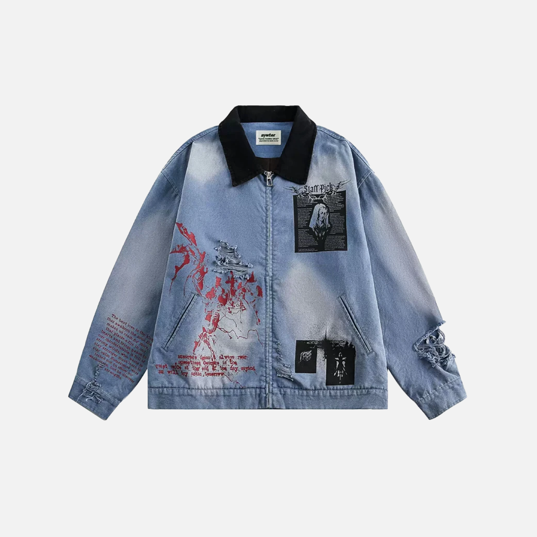 Trendy Streetwear Blue Distressed Denim Jacket