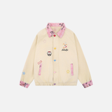 Y2K Cartoon Verspielte Patchwork-Jacke mit kariertem Kragen