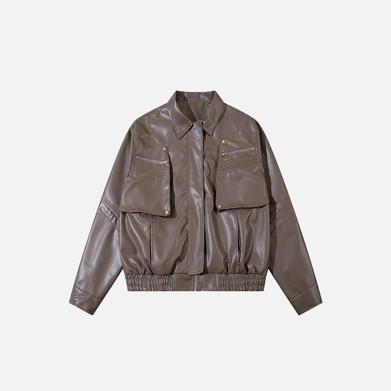 Solid Color Pockets Leather Jacket