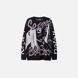 Gemütlicher Oversize-Strickpullover mit japanischen Cartoon-Motiven