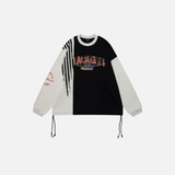 Cozy Distressed Patchwork Fleece Crew Sweatshirt