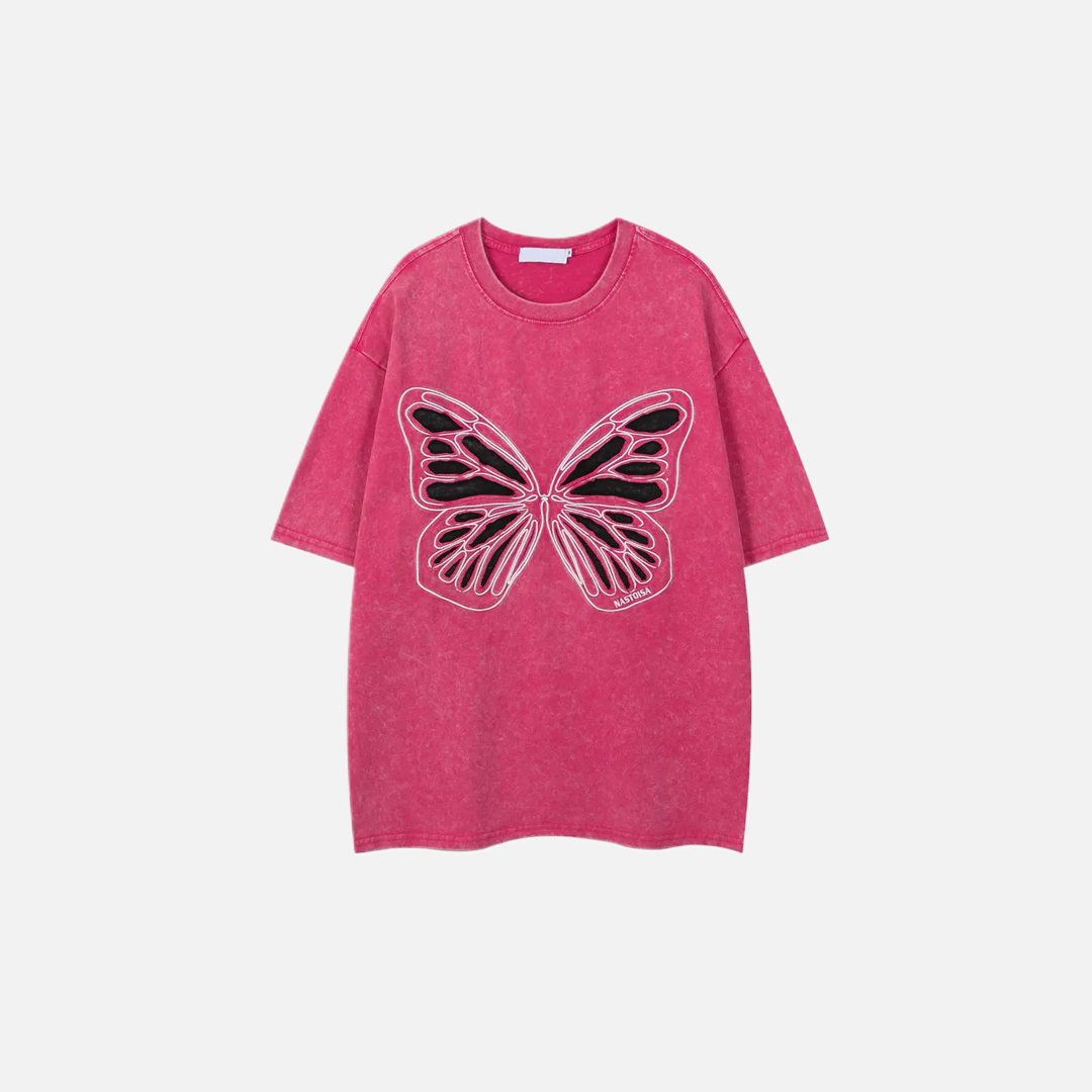 Women Butterfly Patch Oversized Cute Washed T-Shirt