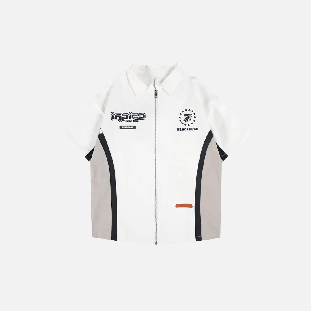 Chemise sportive rétro à patchwork brodé et fermeture éclair intégrale