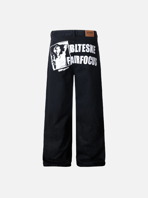 Vintage Style Letter Print Washed Denim Jeans