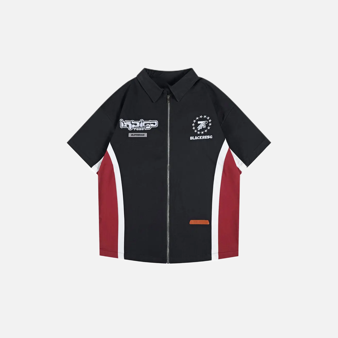 Chemise sportive rétro à patchwork brodé et fermeture éclair intégrale