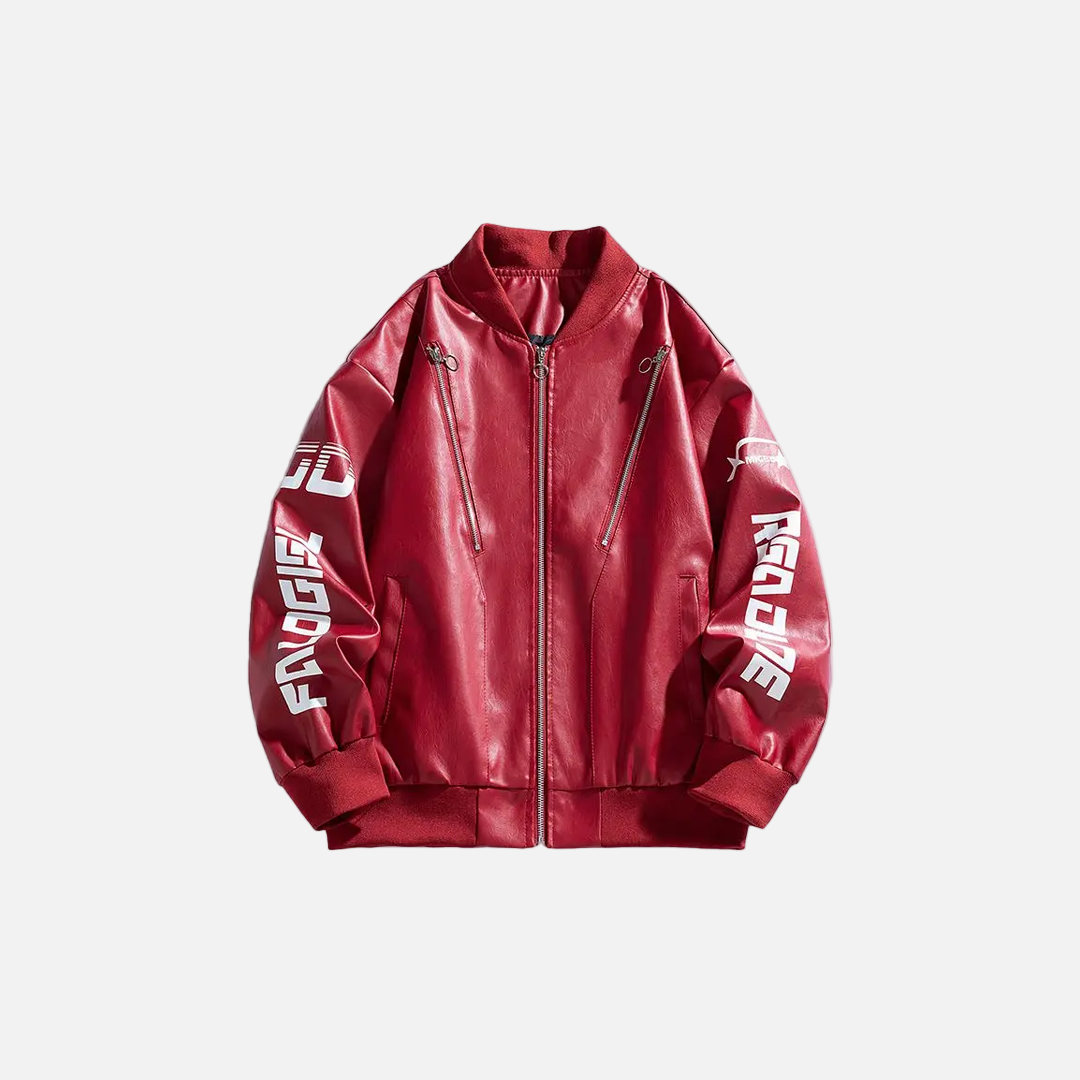 High Street Letter Print Loose Fit Leather Jacket