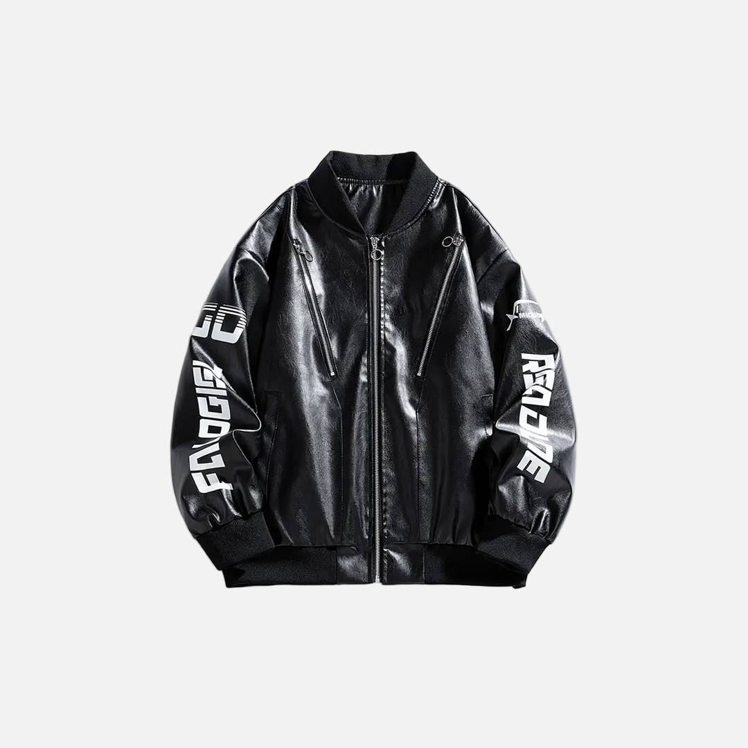 High Street Letter Print Loose Fit Leather Jacket