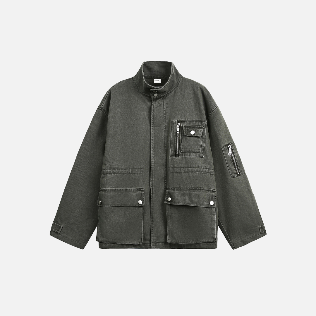 Spring Multi-Pocket Washed Workwear Denim Jacket
