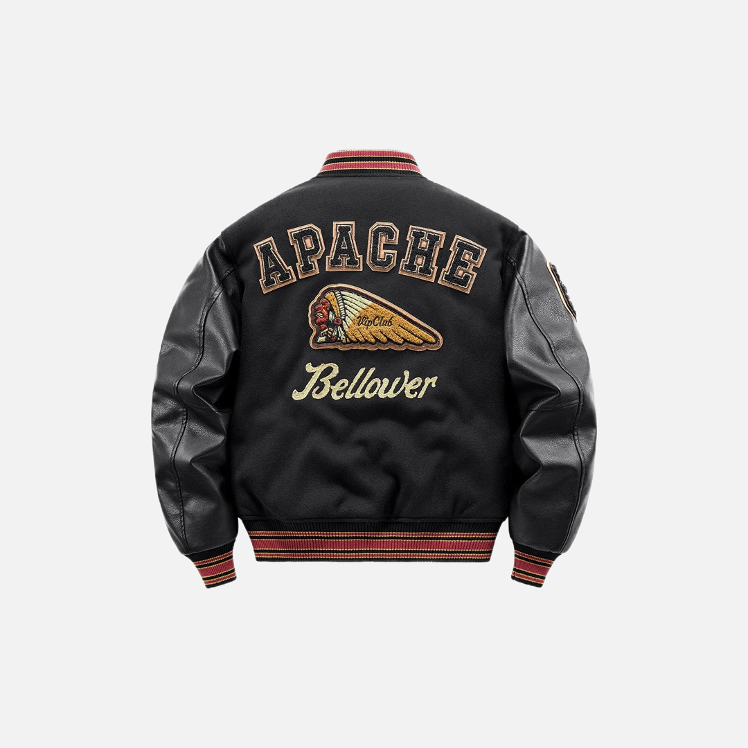 Veste universitaire patchwork Y2K à manches en cuir brodées