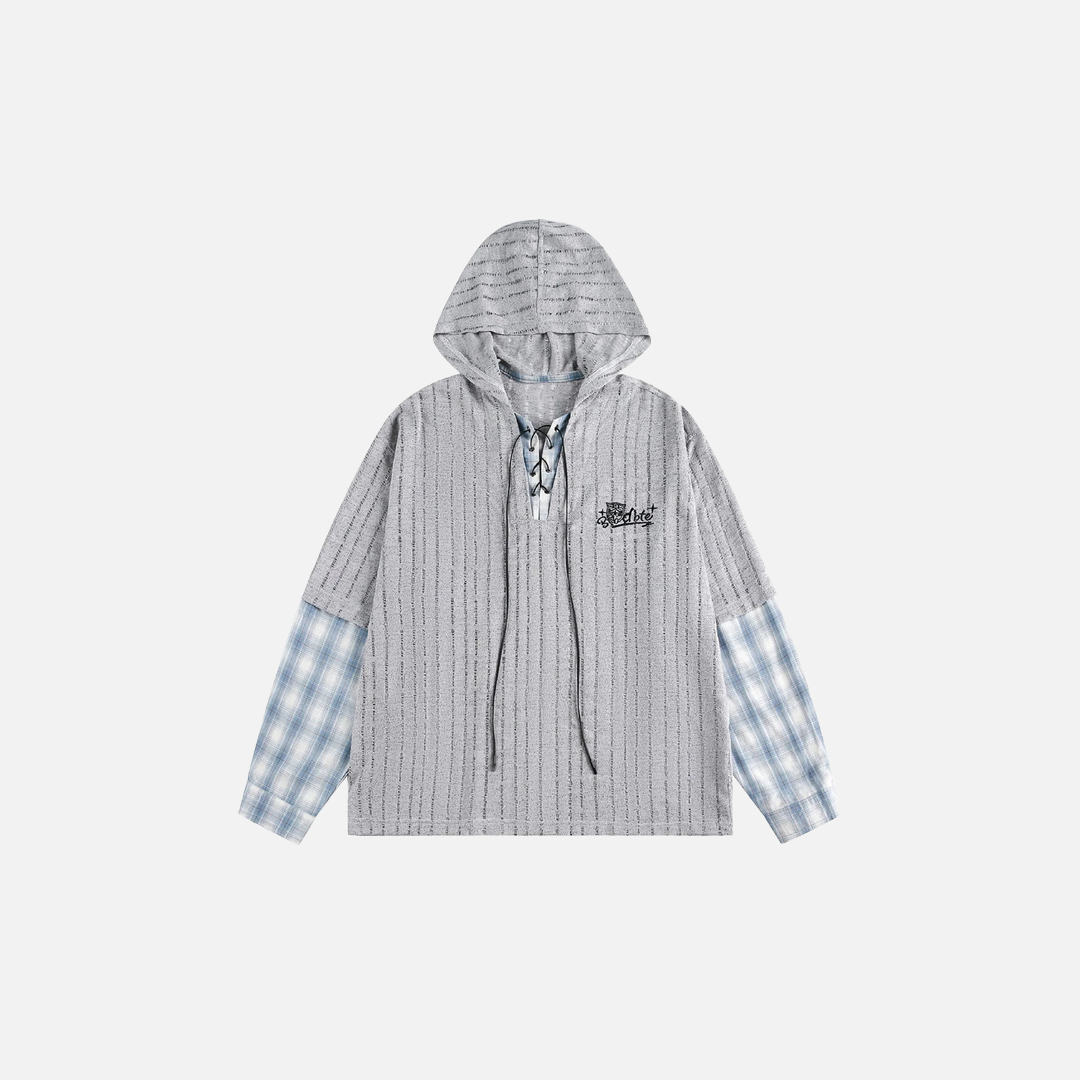Plaid Patchwork Vintage Oversized Fake Two Piece Hoodie