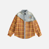 Autumn Plaid Distressed Denim Long Sleeve Shirt