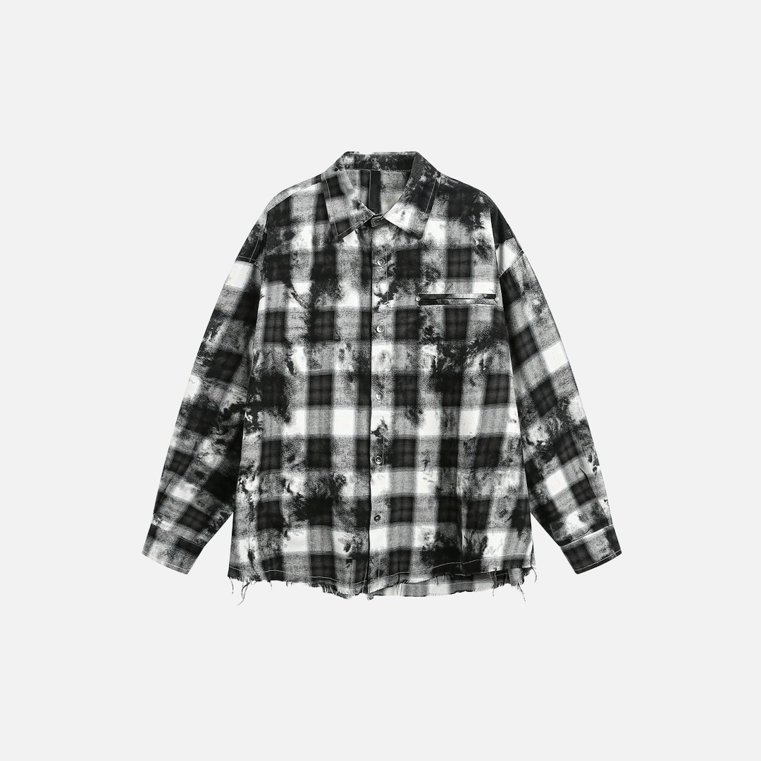 Streetwear Retro Karohemd mit Used-Look und Batikmuster, langärmlig