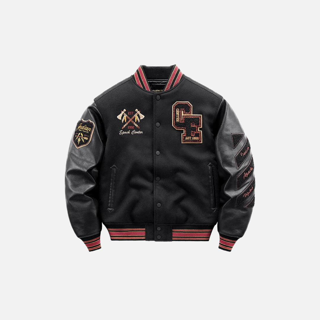 Veste universitaire patchwork Y2K à manches en cuir brodées