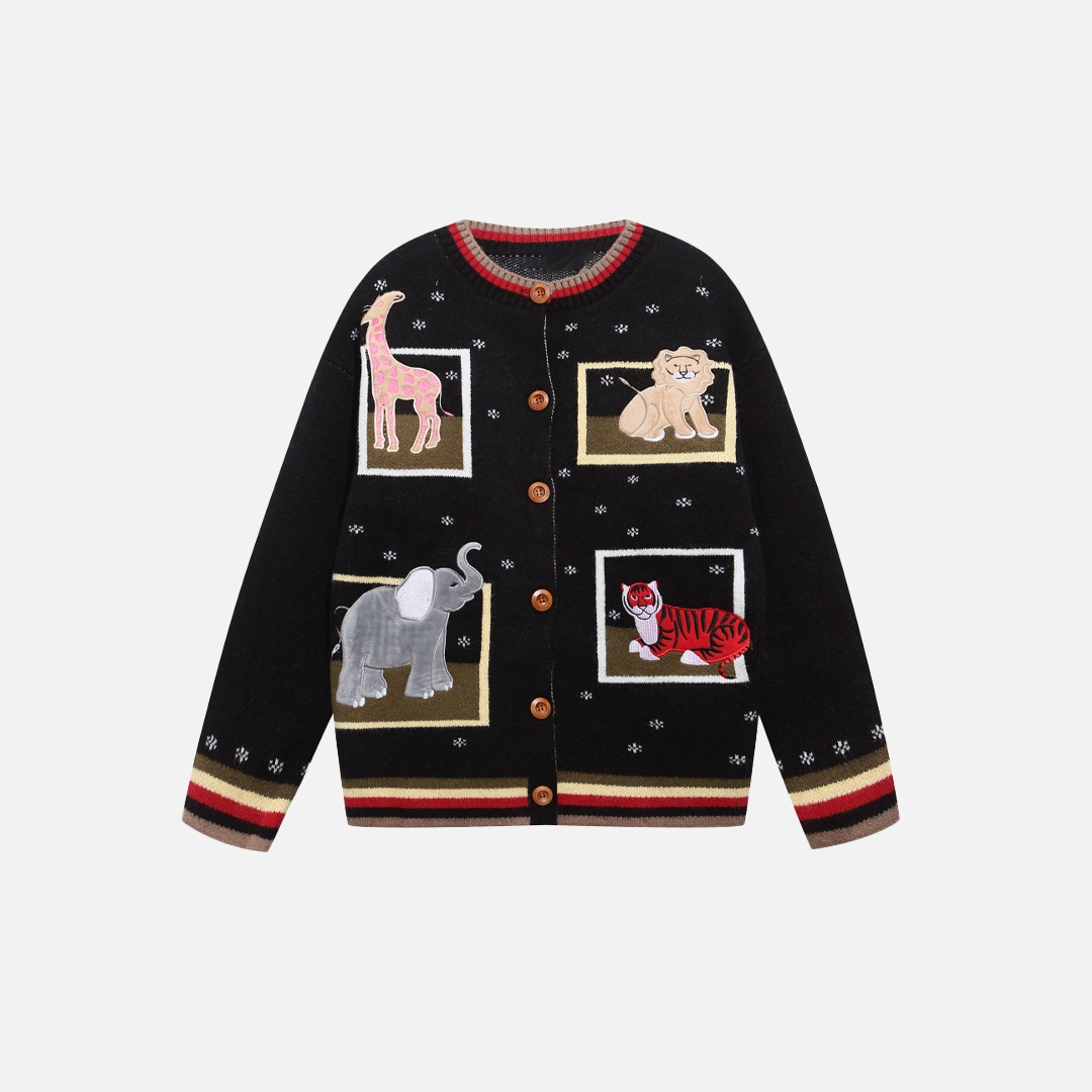 Bestickte Strickjacke mit lustigem Cartoon-Motiv und Rundhalsausschnitt