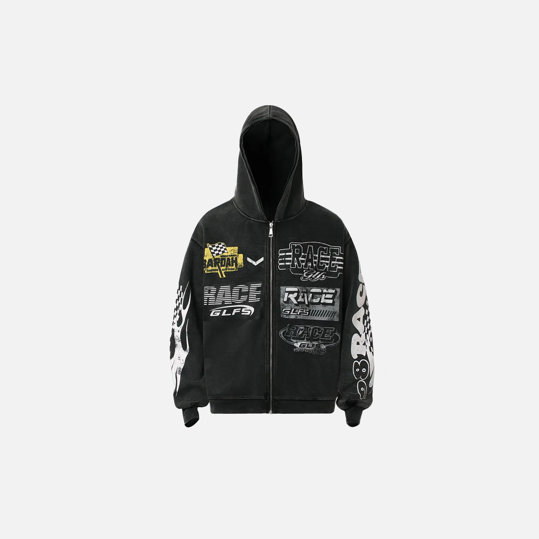 Streetwear Distressed Zip-Up Hooded Race Sweatshirt