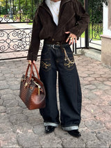 Retro Loose Fit Pocket Decoration Jeans