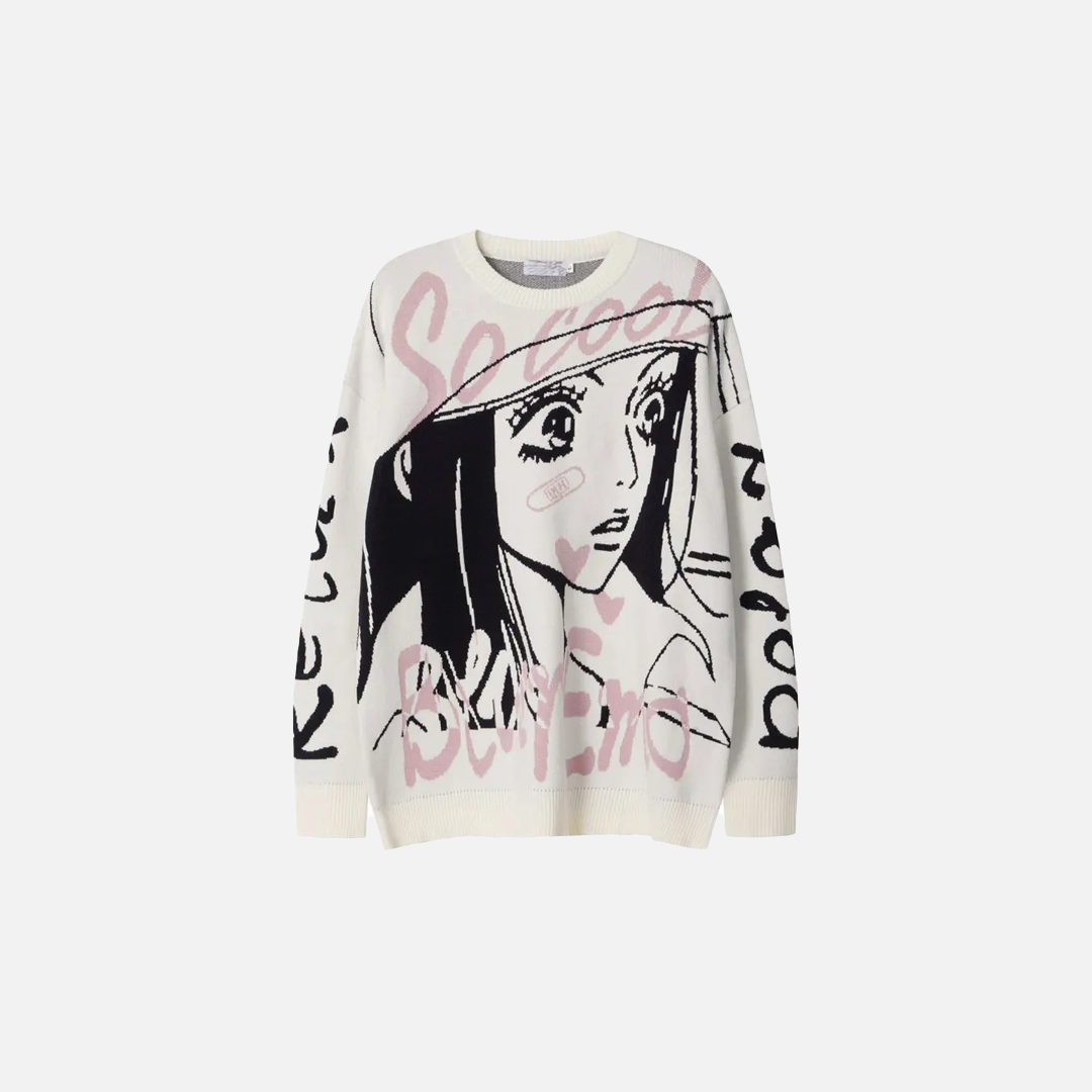 Gemütlicher Oversize-Strickpullover mit japanischen Cartoon-Motiven