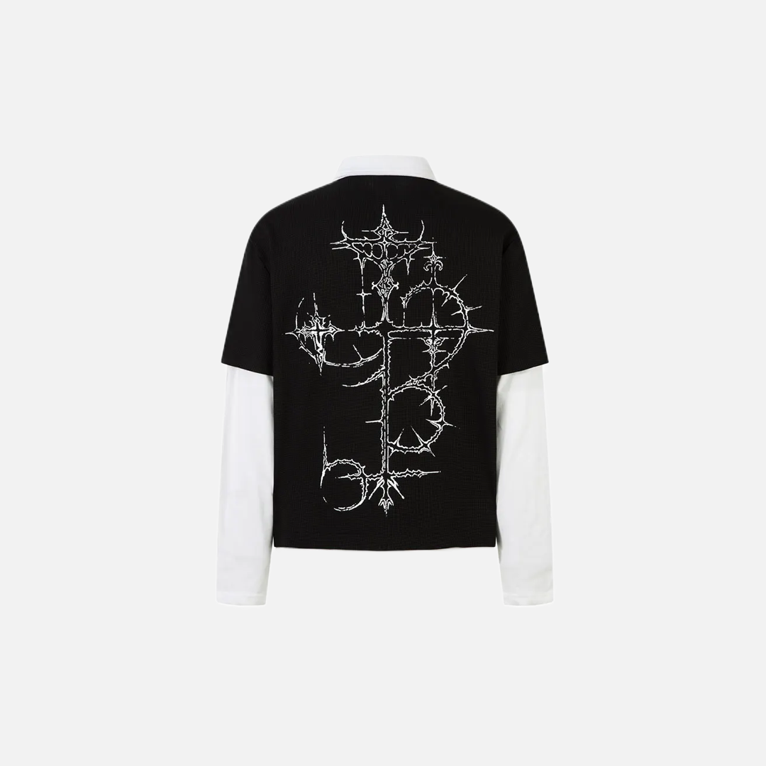 グラフィックプリント フェイクレイヤード長袖Tシャツ