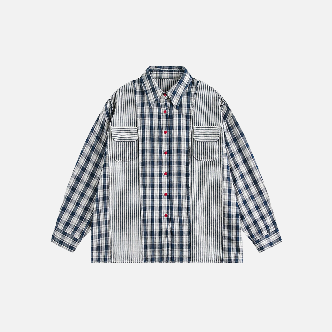 Effortless Retro Patchwork Plaid Long Sleeve Shirt