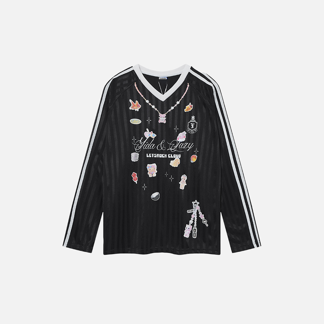 Trendy Cartoon Print V-Neck Long Sleeve T-Shirt