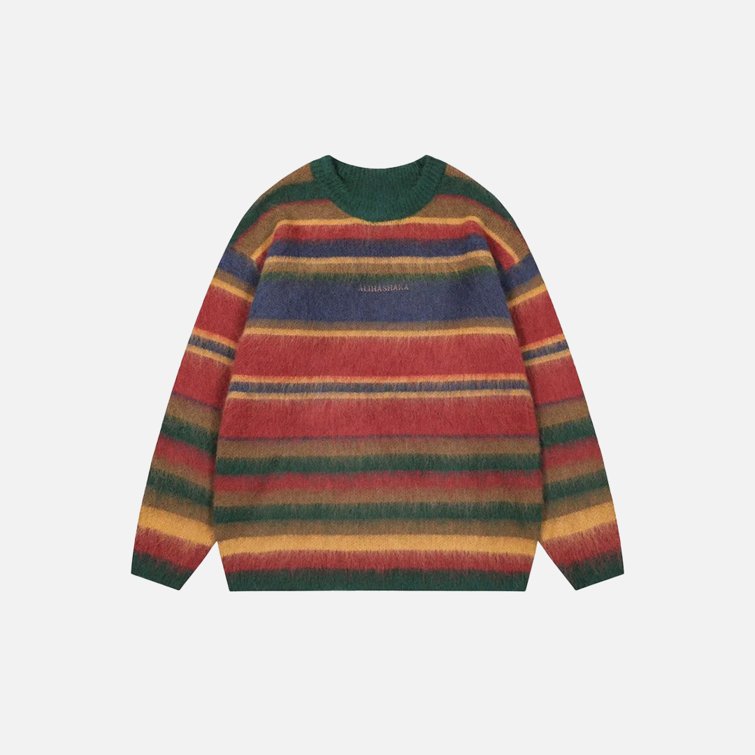 Regenbogenfarbener, flauschiger, übergroßer Streifenpullover