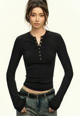 Ribbed Henley Crew Neck Crop Top