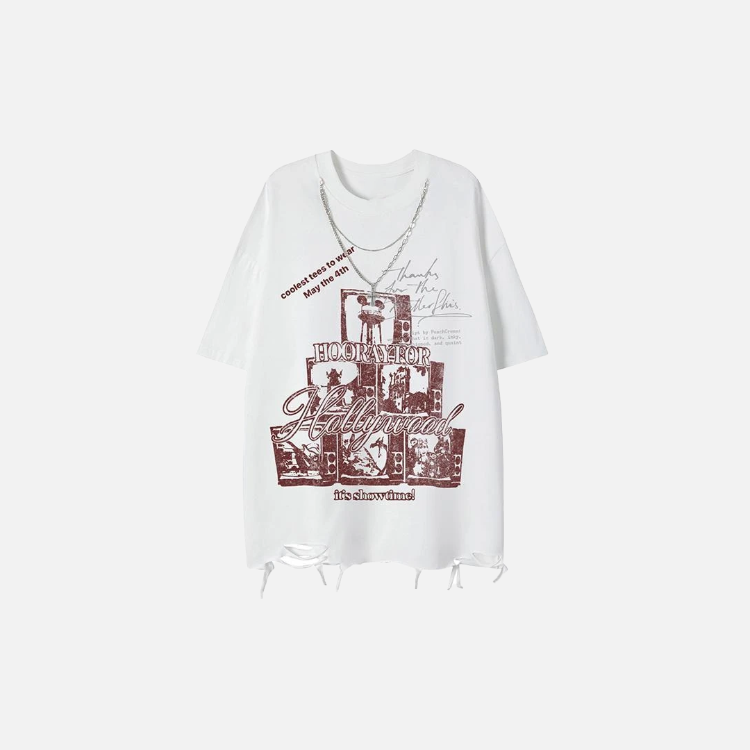 ゴシック風 スタイリッシュ ダメージ加工 Oネック 半袖Tシャツ