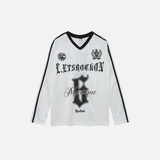 ゴシックプリント長袖VネックポリエステルTシャツ