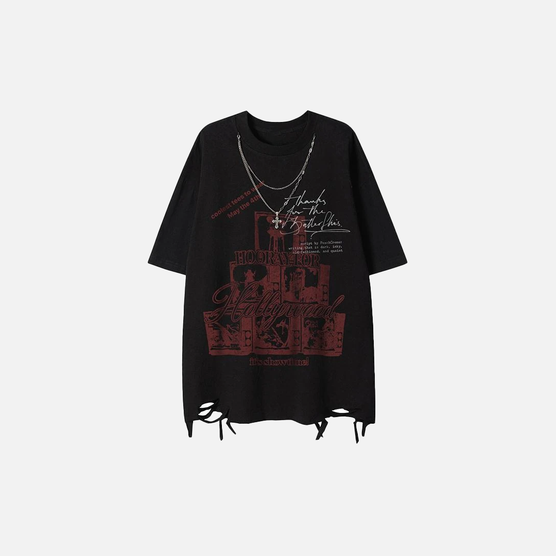 ゴシック風 スタイリッシュ ダメージ加工 Oネック 半袖Tシャツ