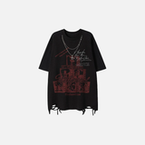 ゴシック風 スタイリッシュ ダメージ加工 Oネック 半袖Tシャツ